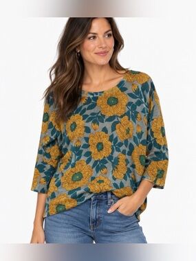Nice Things Paloma S Floral Knit Sweater Top Mustard Teal Size M